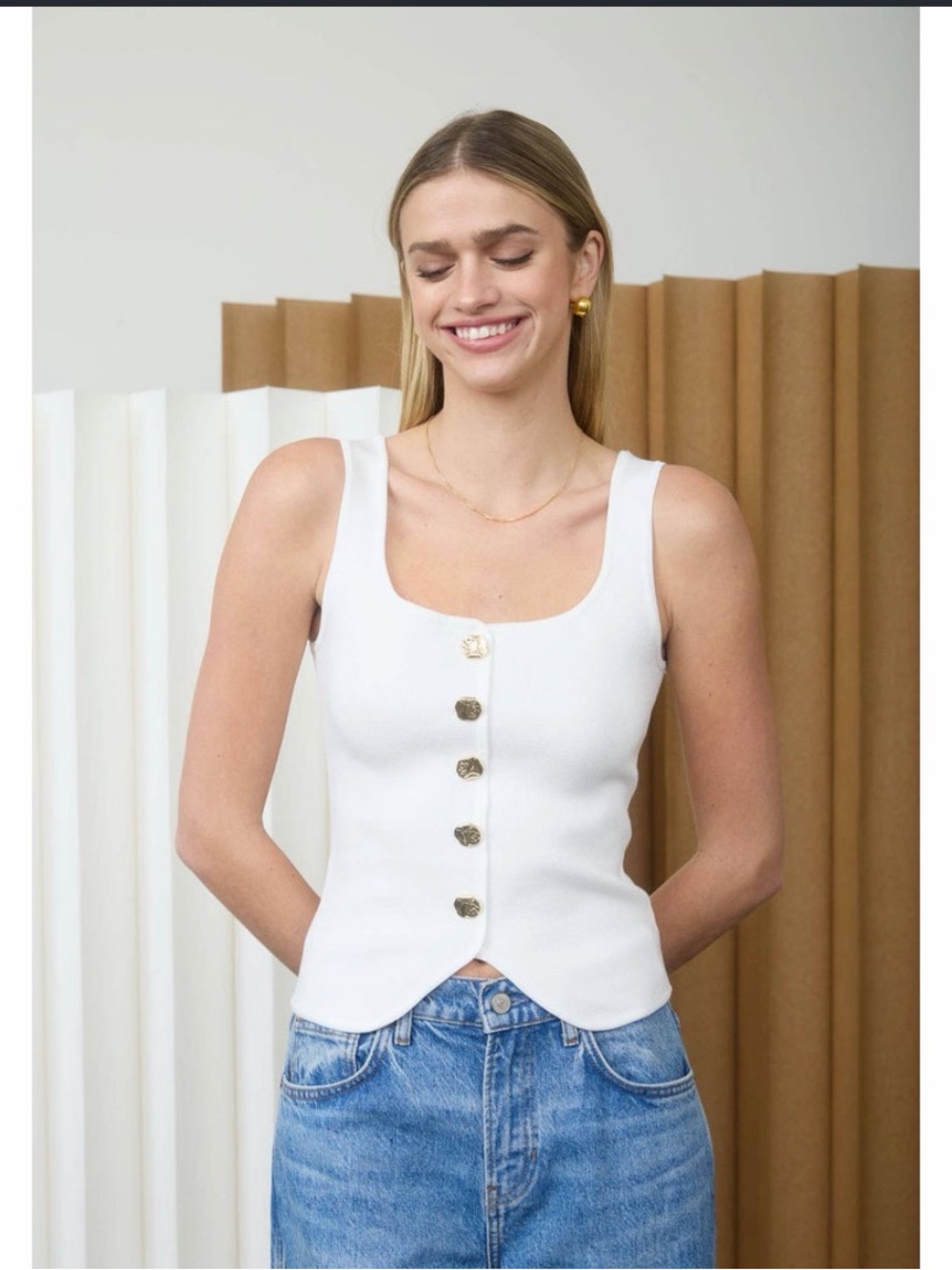 NWT Workshop White Scoop-Neck Tank with Gold Buttons
